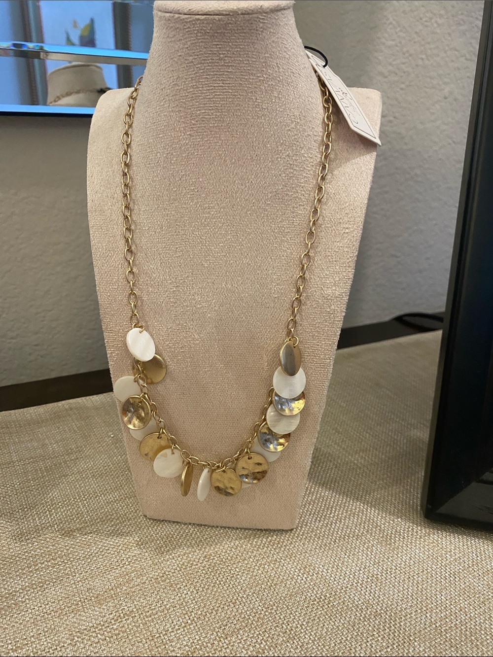 Gold and White Disc Pendant Necklace - Women Jewelry